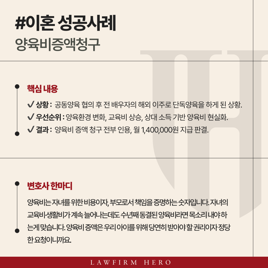 양육비증액청구를 통해 140만원으로 2배 이상 인상 성공한 사례