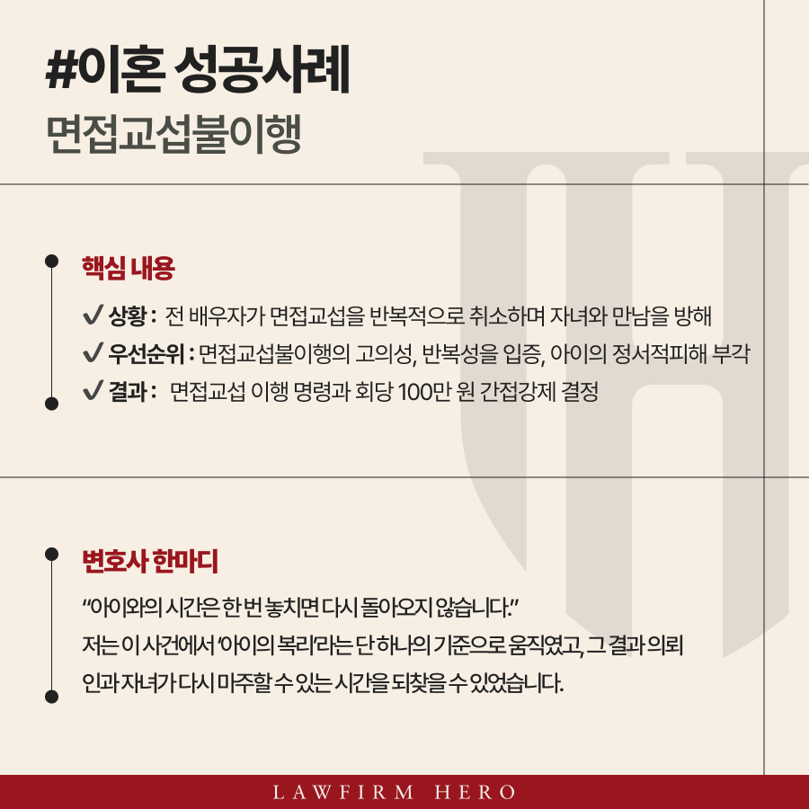 배우자의 반복적이고 의도적인 면접교섭 불이행 사실을 입증하여 불이행 시 회당 100만 원의 간접강제를 부과하도록 결정