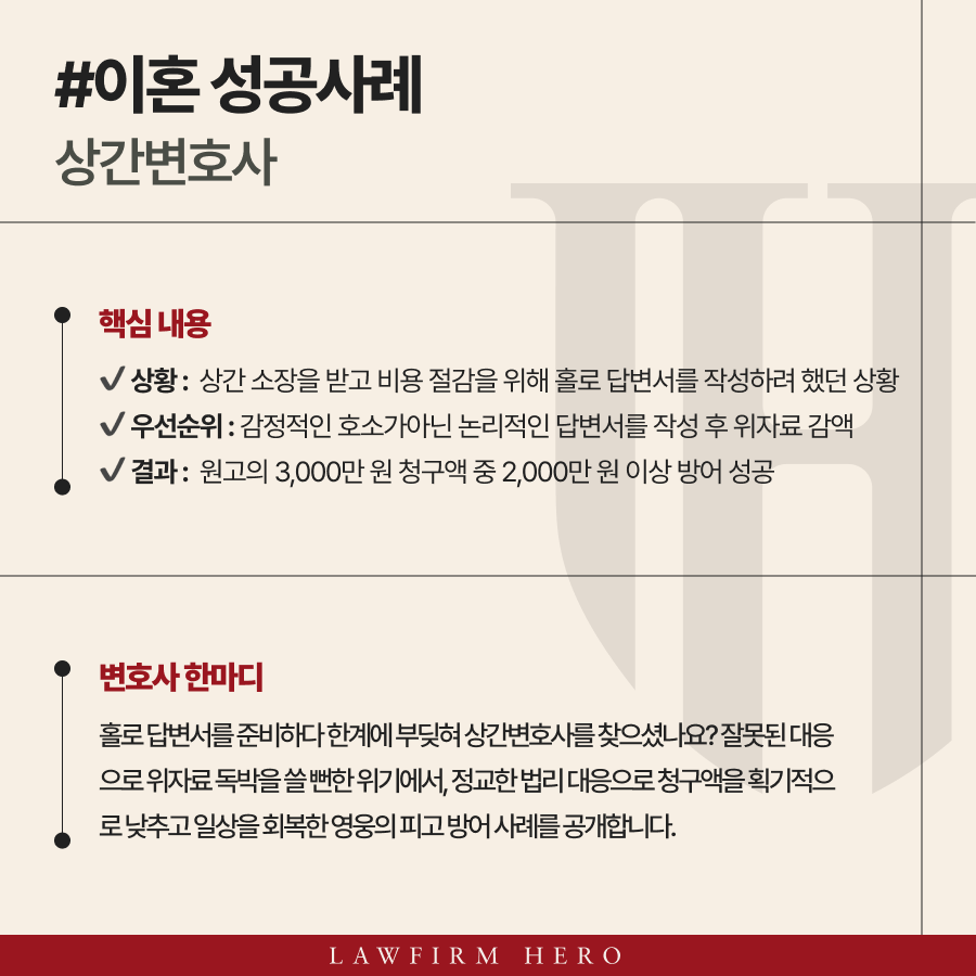 상간변호사에게 홀로 작성하려던 답변서를 법무법인 영웅에 맡긴 결과
